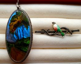 A Small Silver and Enamel Bird Brooch,together with a morpho butterfly wing picture within a silver
