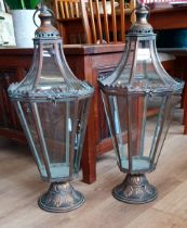Pair of Copper Effect Glass Candle Lanterns 29 inches in height
