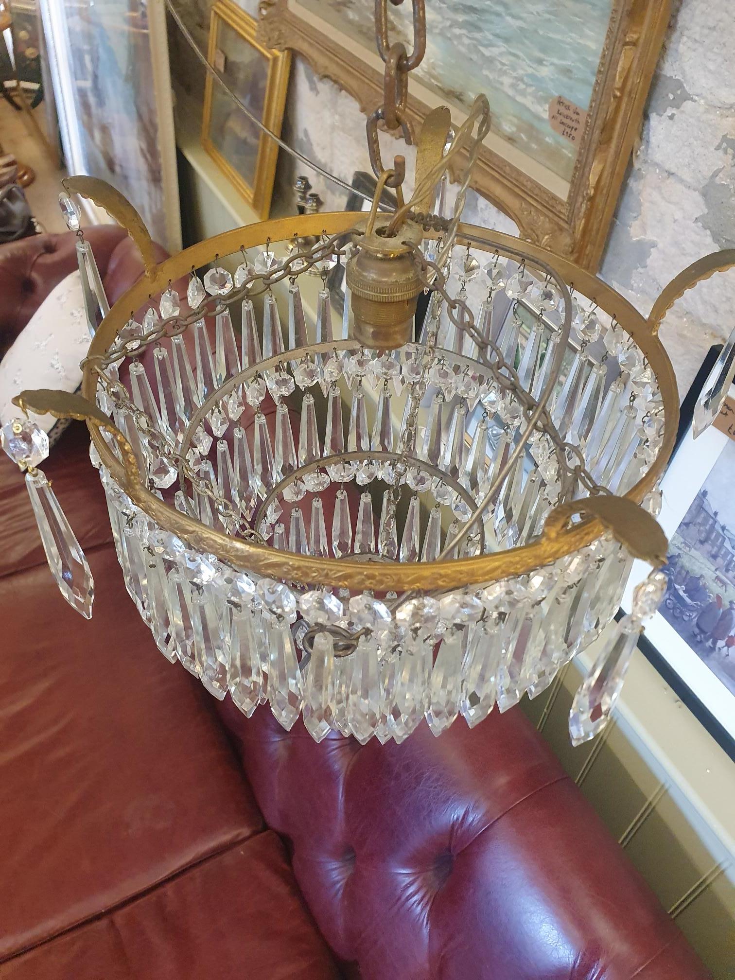 Edwardian Four-Tier Crystal Waterfall Chandelier with Classic Gilt Frame and Faceted Icicle Drops - Image 3 of 4
