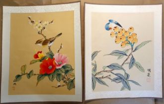 Two Unframed Chinese Watercolours on Paper with Silk Borders