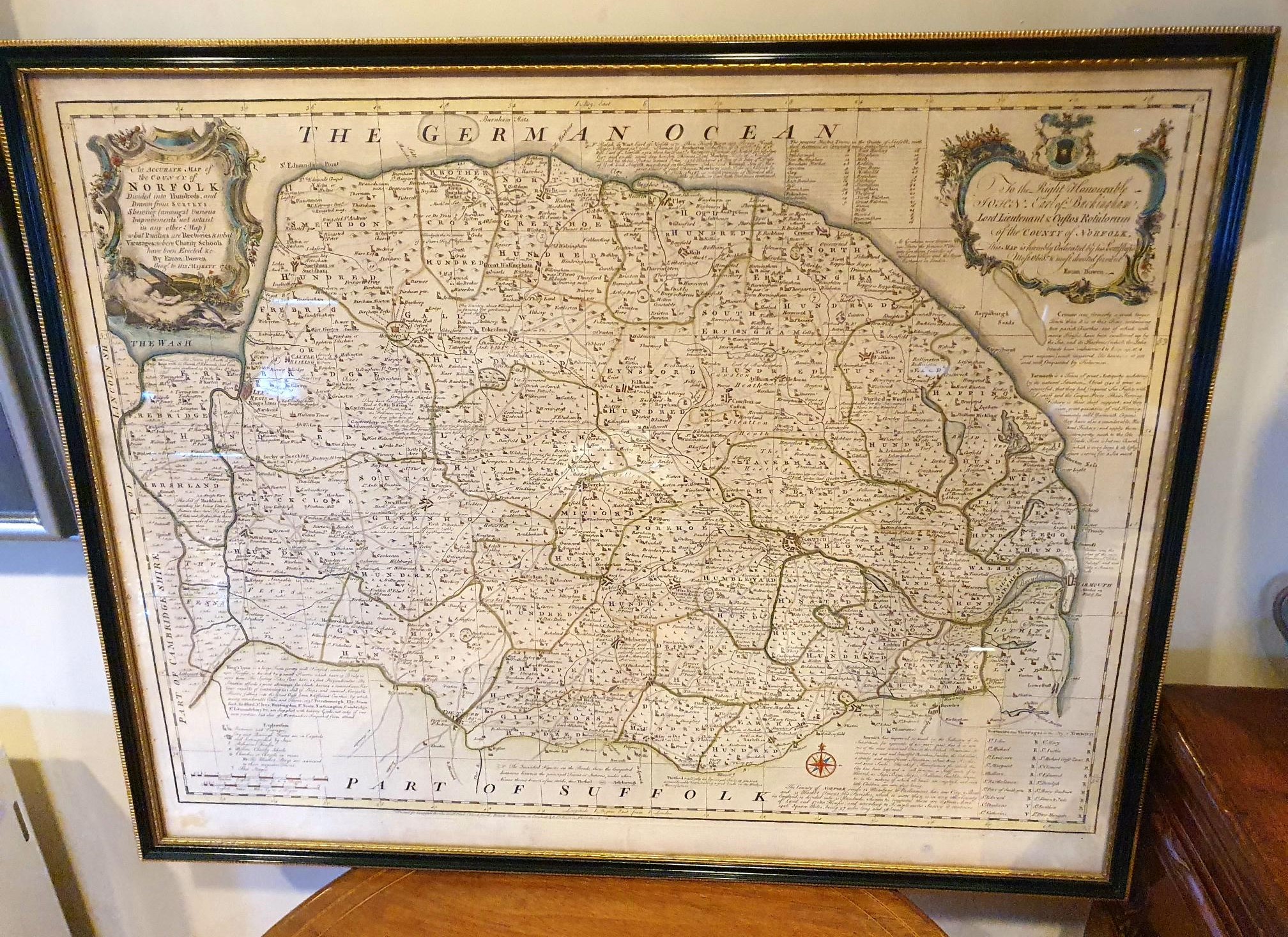 Large Framed and Glazed Emanuel Bowen (1714-1767) Map of The County of Norfolk.