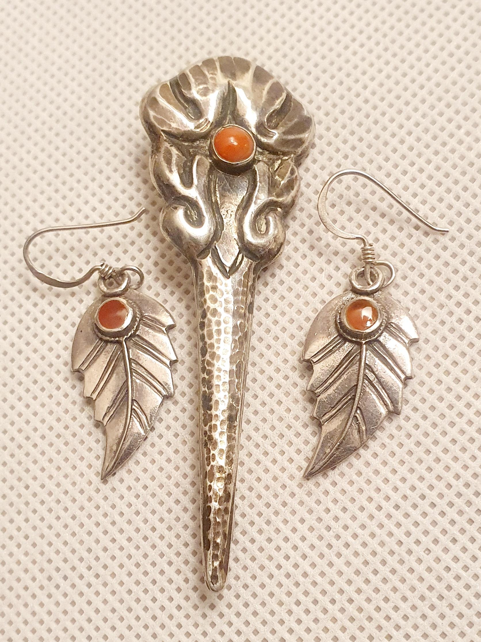 Pair of Scandinavian Silver Carnelian Earrings and Matching Silver Brooch