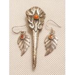 Pair of Scandinavian Silver Carnelian Earrings and Matching Silver Brooch