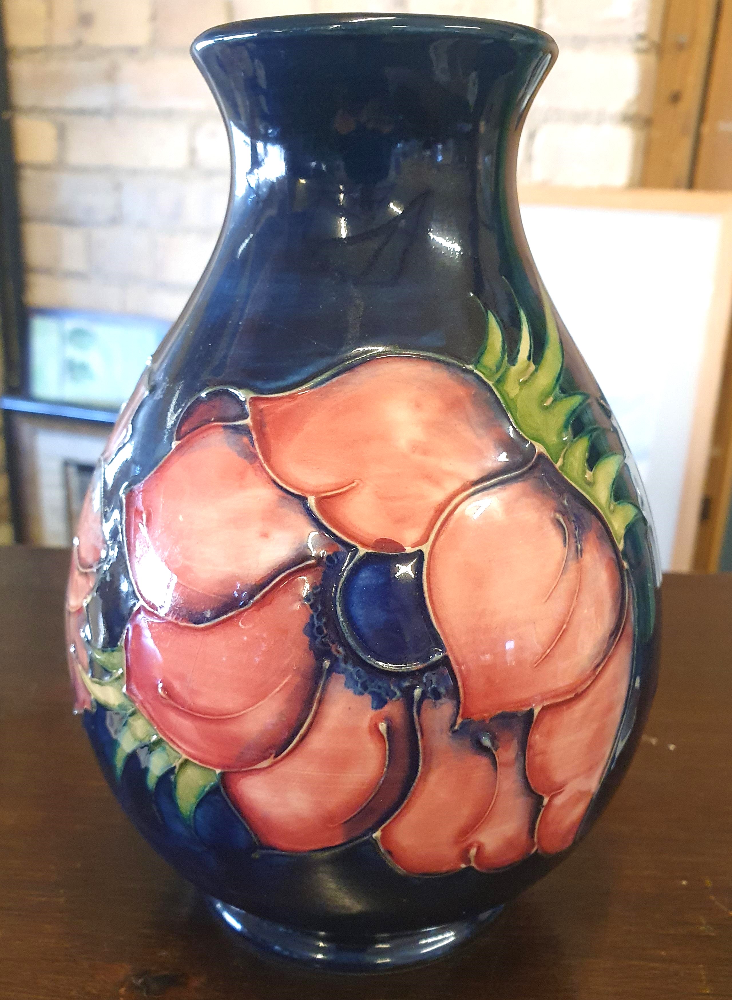 Moorcroft Deep Blue Anenome Vase measuring 8 inches in height