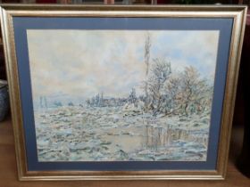 Large Framed and Glazed Oil after the Monet original titled Break Up Of Ice