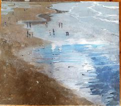 Ruth Stage Egg Tempura On Gesso Board of Seaside Scene. Size is 27 inches x 23.5 inches.