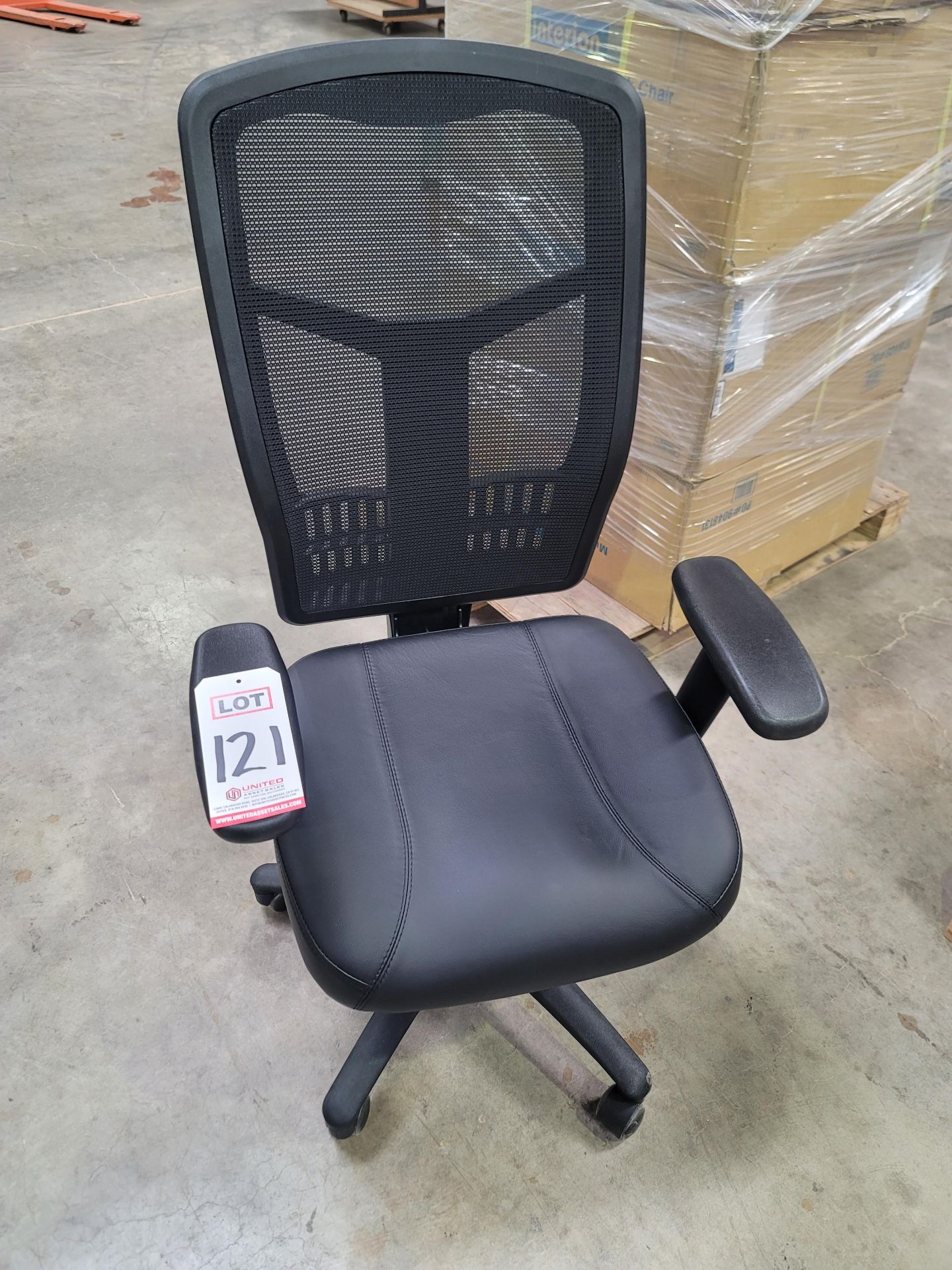 INTERION MULTI-FUNCTION MESH & LEATHER HIGHBACK TASK CHAIR, ASSEMBLED, MODEL 249051