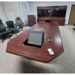 LOT - CONFERENCE ROOM GROUPING: CONFERENCE TABLE W/ FLIP-PANELS FOR MONITORS, AUDIO VIDEO CABINET W/