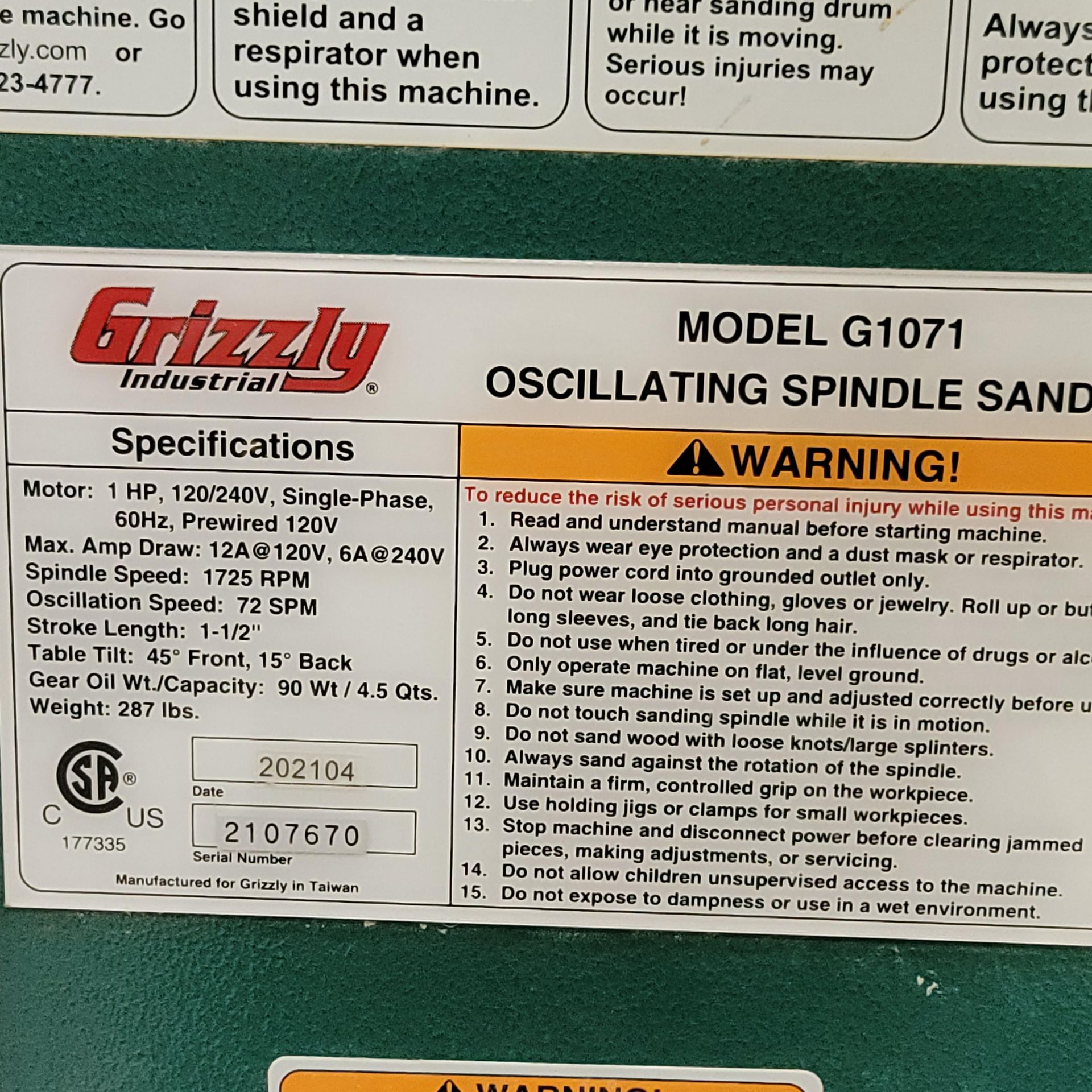 2021 GRIZZLY OSCILLATING SPINDLE/DRUM SANDER, MODEL G1071, S/N 2107670 - Image 5 of 5