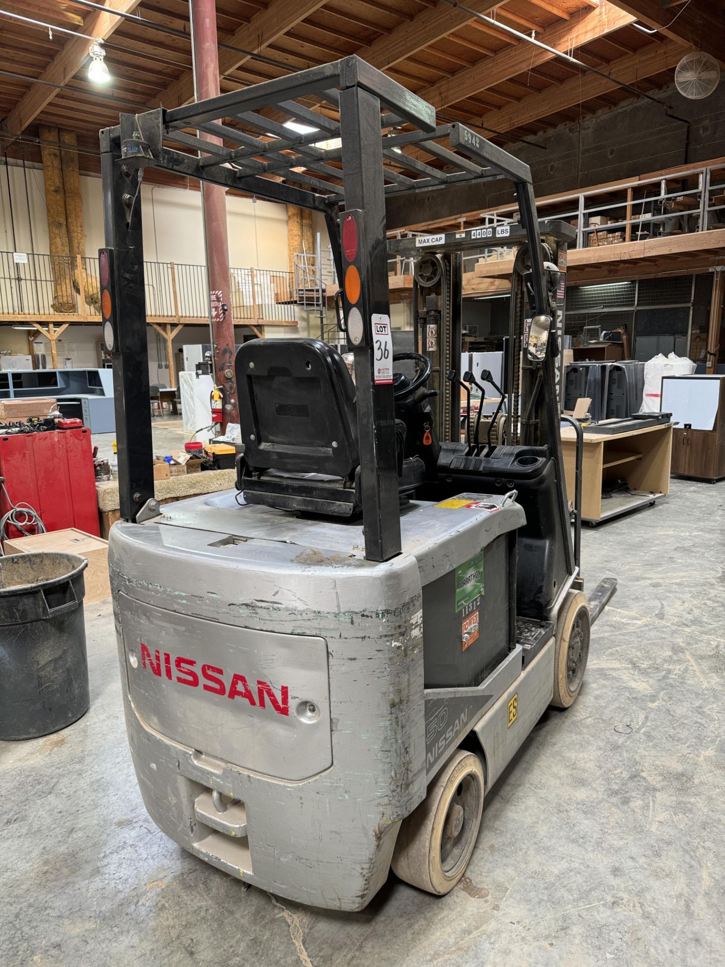NISSAN ELECTRIC FORKLIFT, MODEL CP1B2L25S, 4,000 LB CAPACITY, 3-STAGE MAST, SIDE SHIFT, SOLID TIRES, - Image 5 of 15