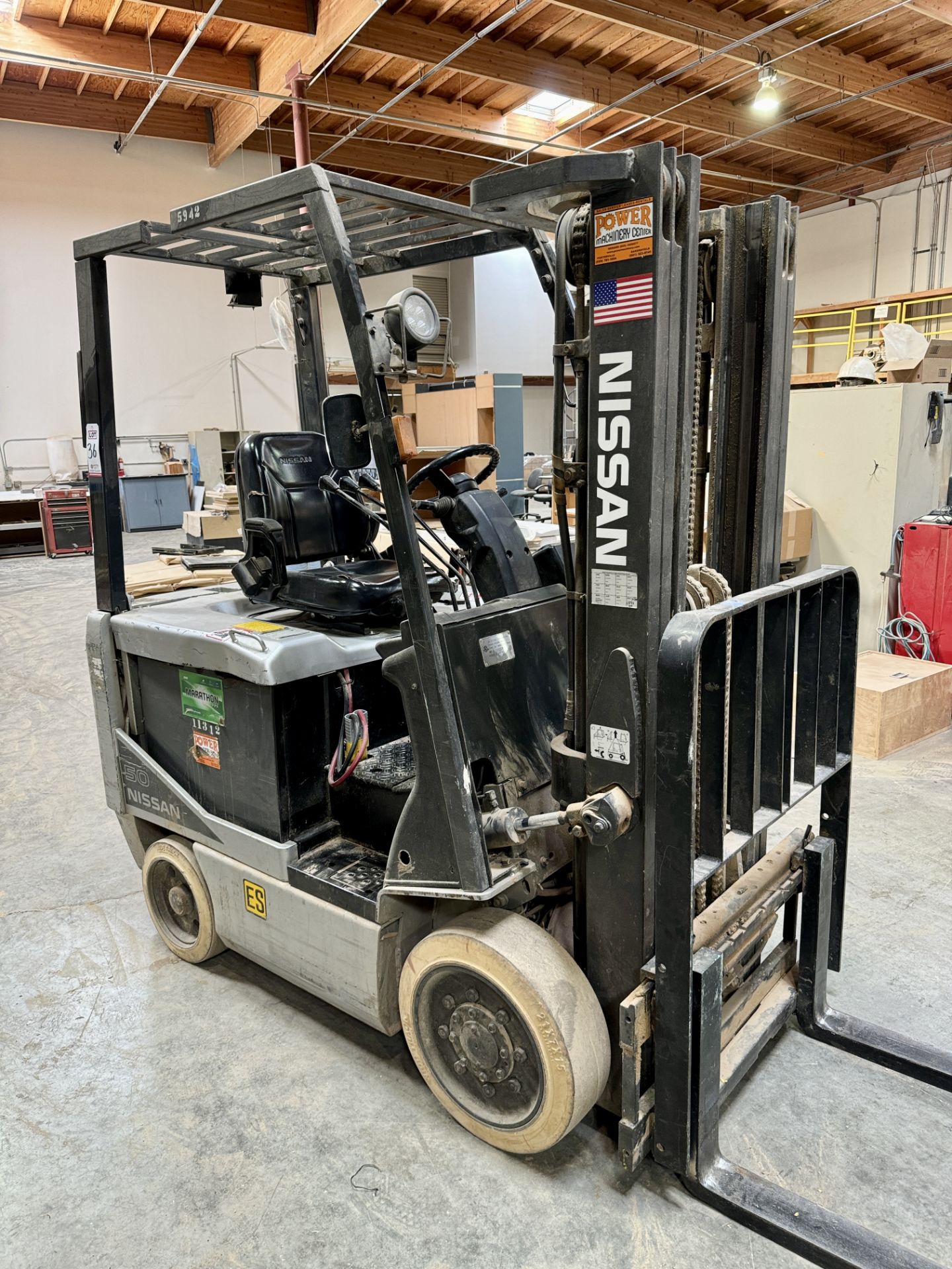 NISSAN ELECTRIC FORKLIFT, MODEL CP1B2L25S, 4,000 LB CAPACITY, 3-STAGE MAST, SIDE SHIFT, SOLID TIRES,