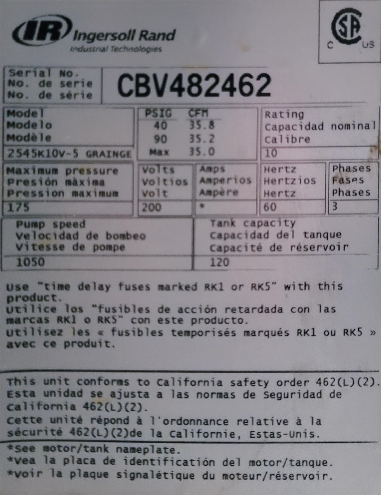 INGERSOLL RAND 2-STAGE AIR COMPRESSOR, MODEL 2545K10V-5, 10 HP, 230V, 3-PHASE, 120-GALLON TANK, - Image 3 of 5