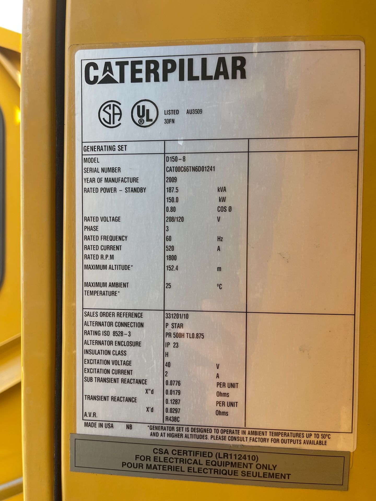 2009 CATERPILLAR STAND-BY GENERATOR, MODEL C6.6, (DELAYED PICKUP UNTIL MONDAY, APRIL 8) - Image 9 of 51