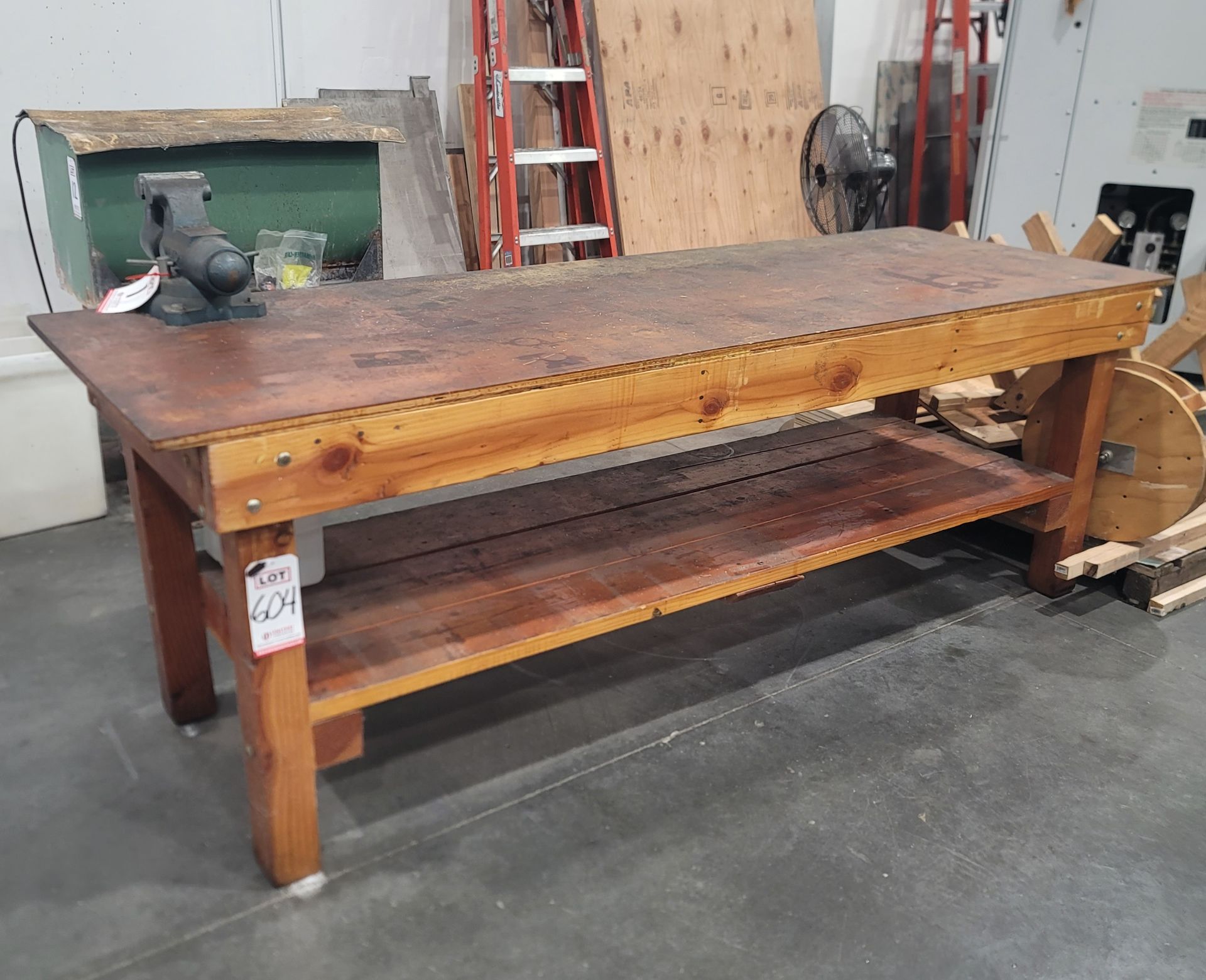 WOOD PLANK WORKBENCH W/ 8' X 33" X 3/4" PLYWOOD TOP, 33" TOP HT, VISE NOT INCLUDED