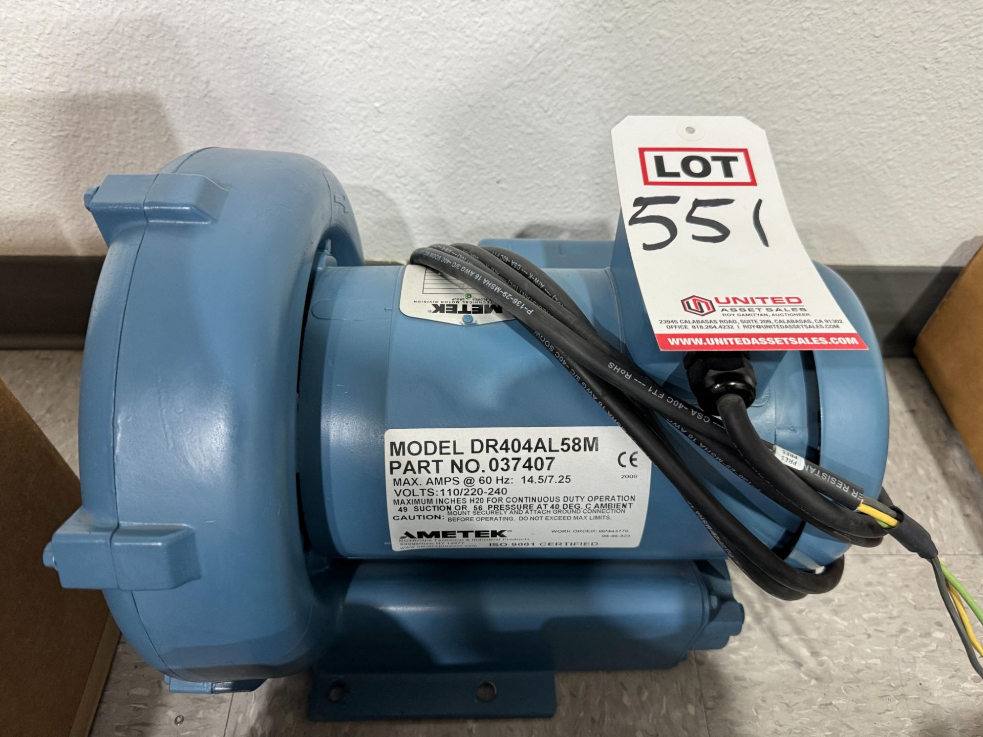 AMETEK ROTRON INDUSTRIAL BLOWER, MODEL DR404AL58M, PART NO. 037407