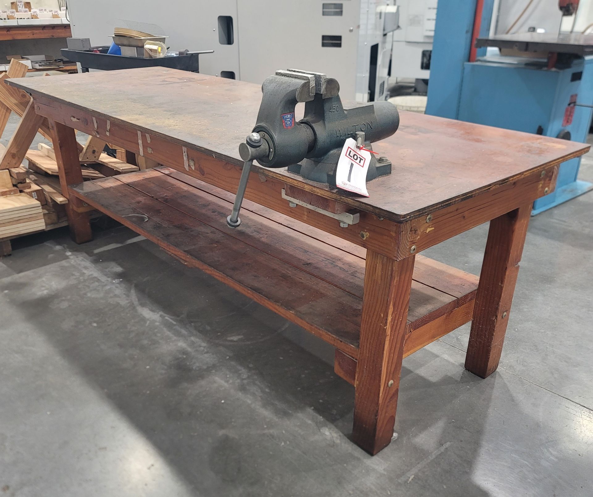 WOOD PLANK WORKBENCH W/ 8' X 33" X 3/4" PLYWOOD TOP, 33" TOP HT, VISE NOT INCLUDED - Image 2 of 2