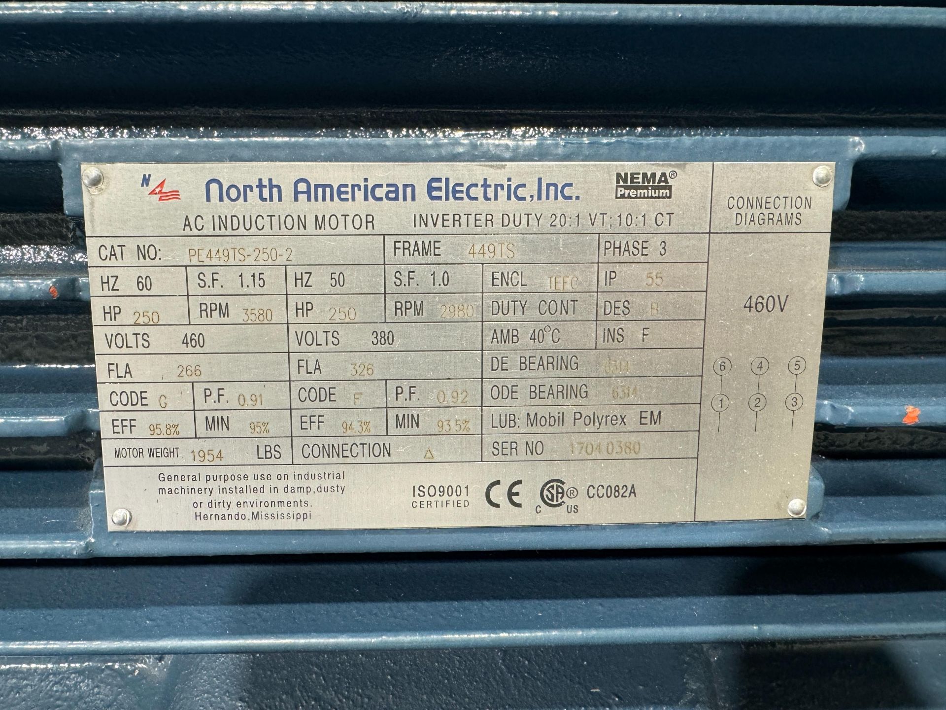 NORTH AMERICAN ELECTRIC 250 HP AC INDUCTION MOTOR, CAT. NO. PE449TS-250-2, 3850 RPM W/ 460V/2980 RPM - Image 4 of 5
