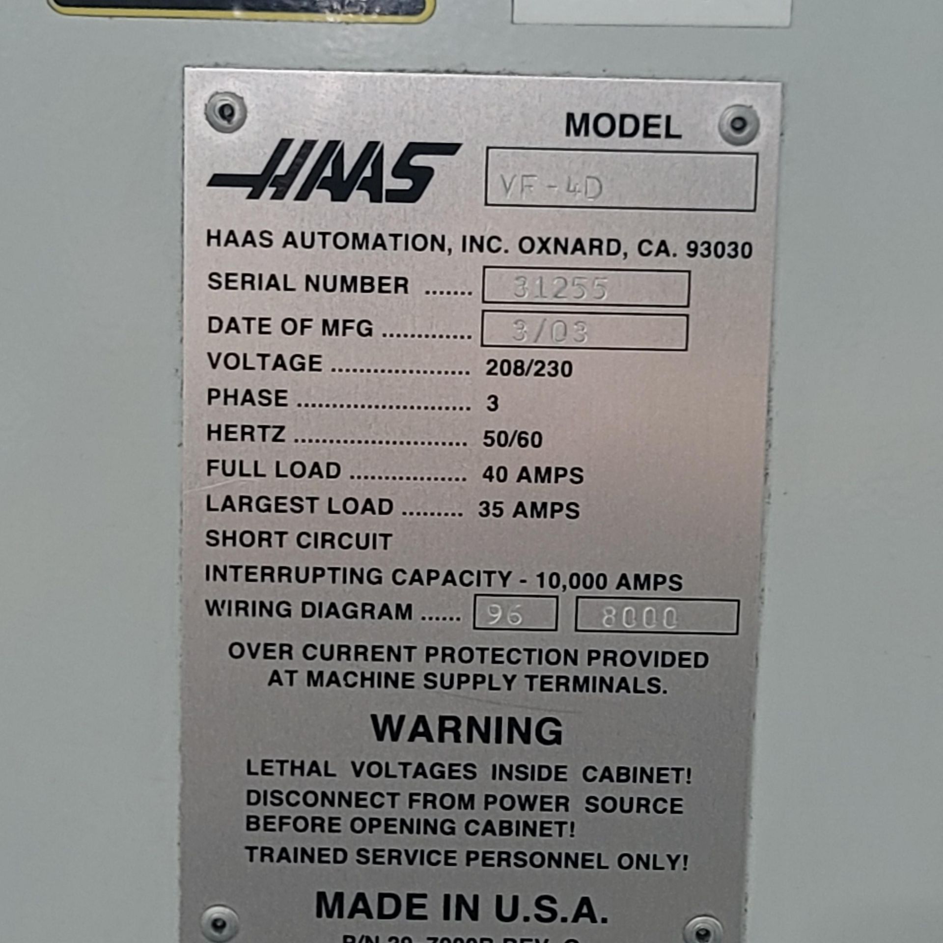 2003 HAAS VF-4D VERTICAL MACHINING CENTER, XYZ TRAVELS: 50" X 20" X 25", TABLE SIZE: 52" X 18", - Image 10 of 10