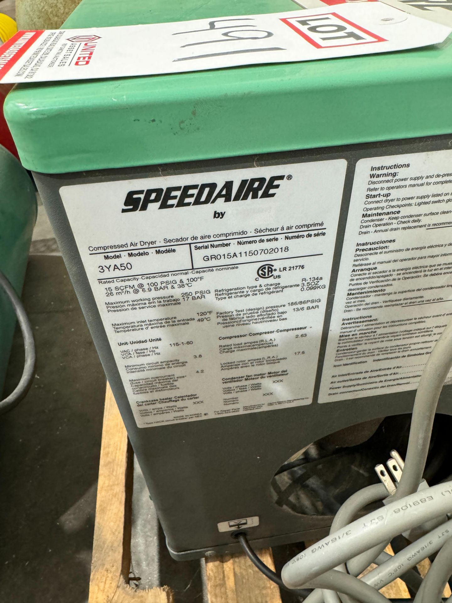 SPEEDAIRE COMPRESSED AIR DRYER, MODEL 3YA50, 15 SCFM @ 100 P.S.I.G. & 100 DEGREES F - Image 2 of 2