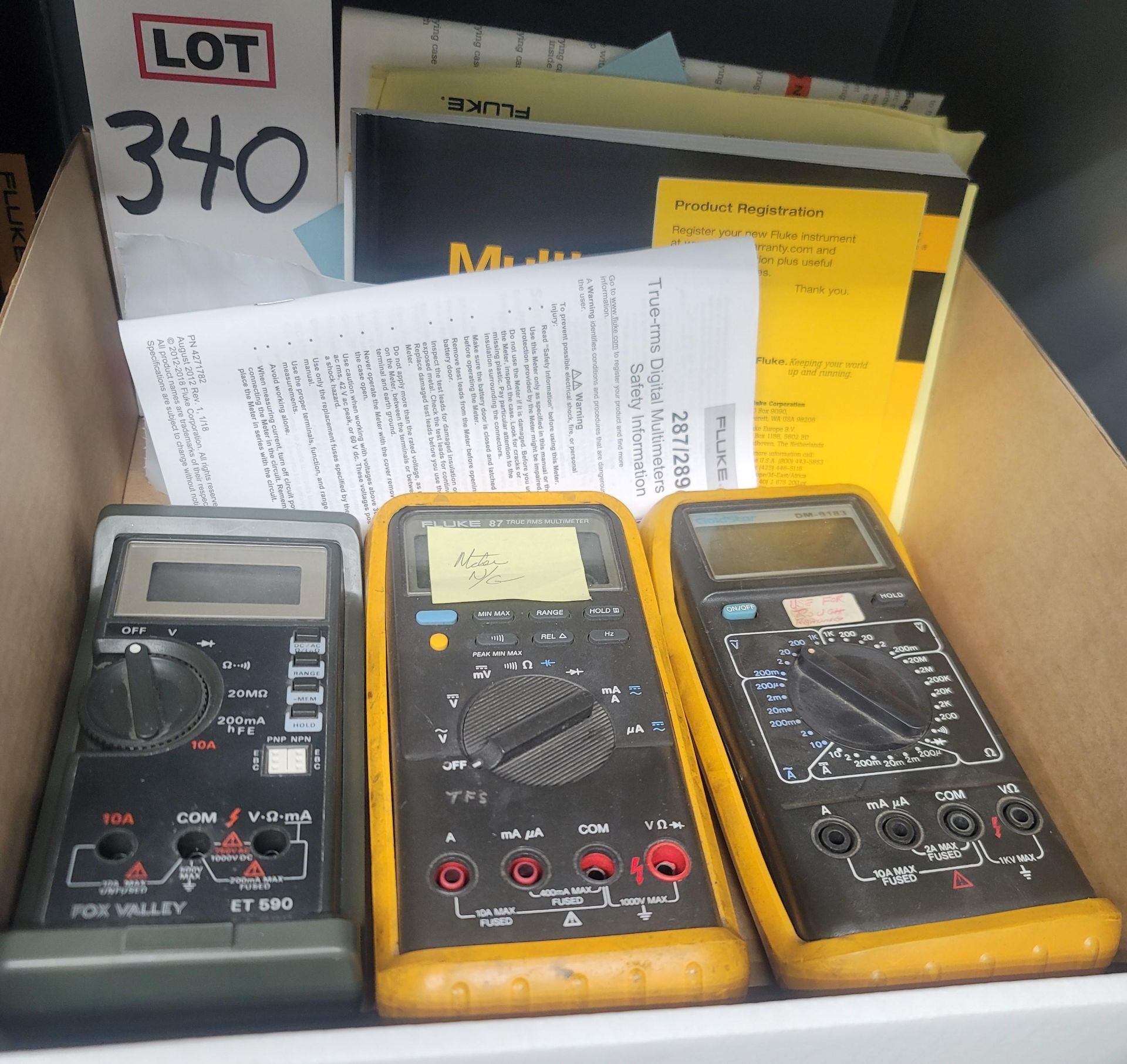 LOT - (1) GOLDSTAR DM-9183 MULTIMETER, (1) FOX VALLEY ET590 MULTIMETER, (1) FLUKE 87 TRUE RMS