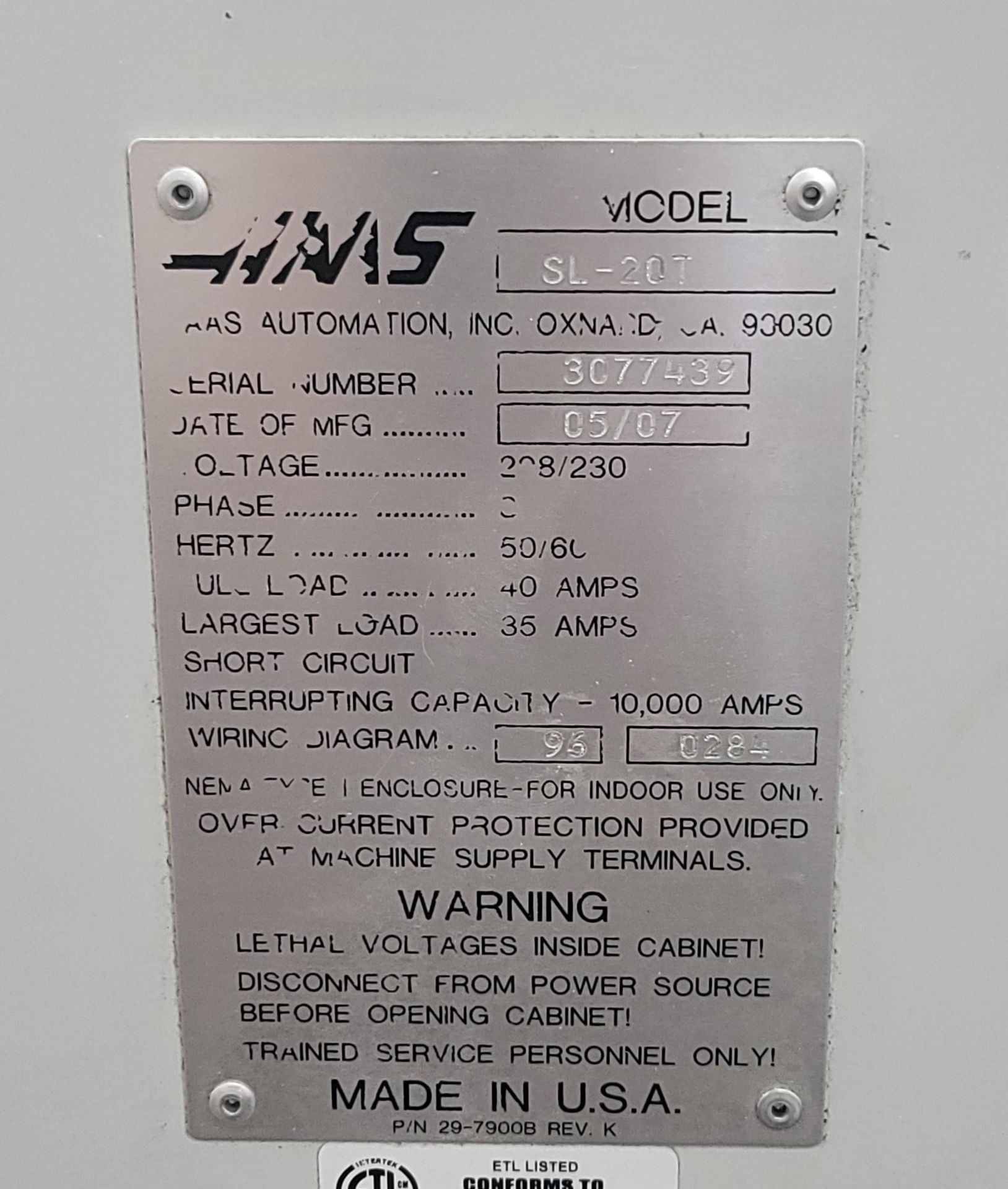 2007 HAAS SL-20T TURNING CENTER, 8" CHUCK, 5C COLLET NOSE, TAILSTOCK, 10-STATION TURRET, 2.0" BAR - Image 13 of 13