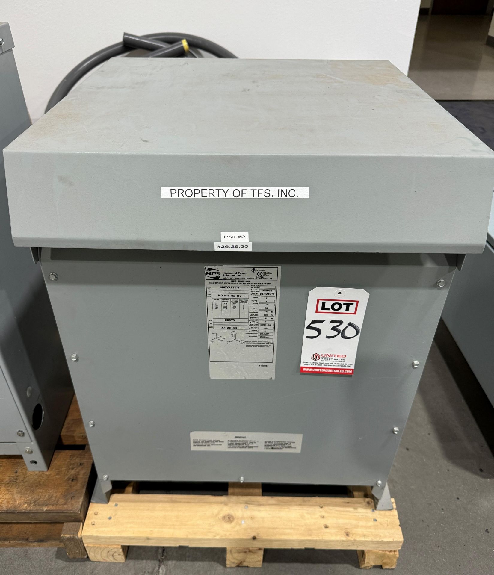 HPS DRY DISTRIBUTION TRANSFORMER, PART NO. 206921, 3-PHASE, 30 KVA, HV: 480Y/277V, LV: 208YV, S/N