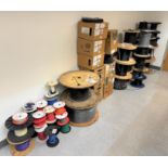 LOT - ALL WIRE SPOOLS IN FRONT OF WALL, OVER (50) SPOOLS