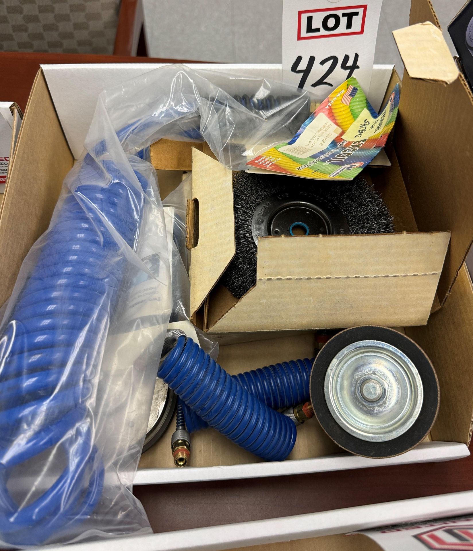 LOT - AIR HOSE, WIRE WHEELS, SPINDLE SANDER DRUM