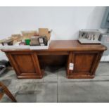 LOT - RETRO WOOD DESK, 80" X 24", W/ (2) CHAIRS, CONTENTS NOT INCLUDED