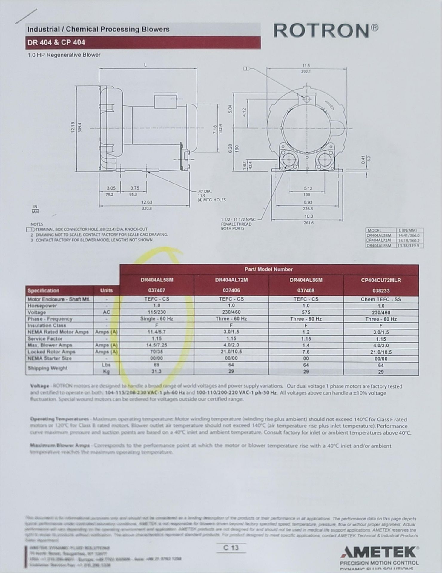 AMETEK ROTRON INDUSTRIAL BLOWER, MODEL DR404AL58M, PART NO. 037407, NEW IN FACTORY SEALED CARTON - Image 3 of 3