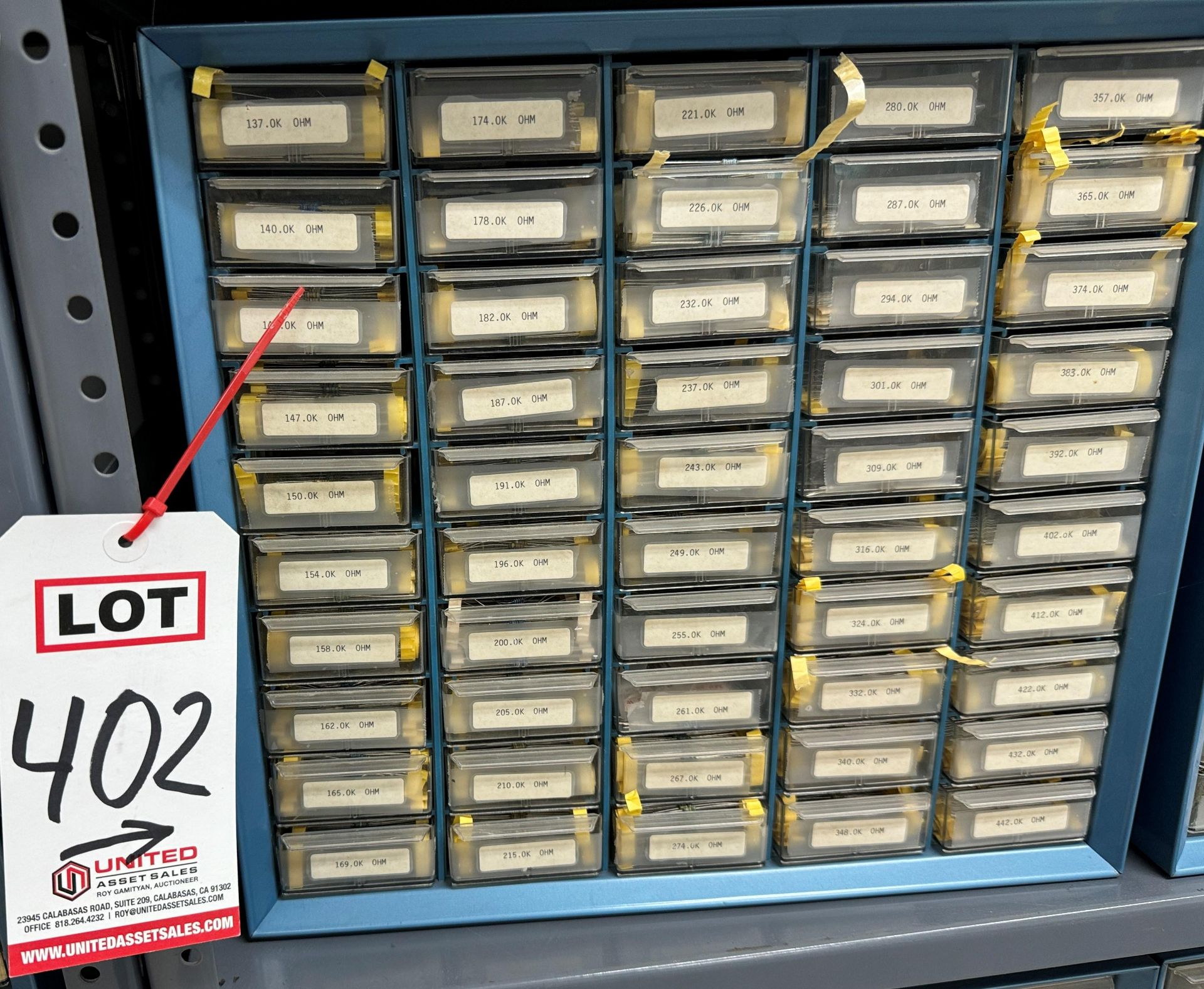 LOT - INDEXED ELECTRONIC RESISTORS IN 50-DRAWER CABINET