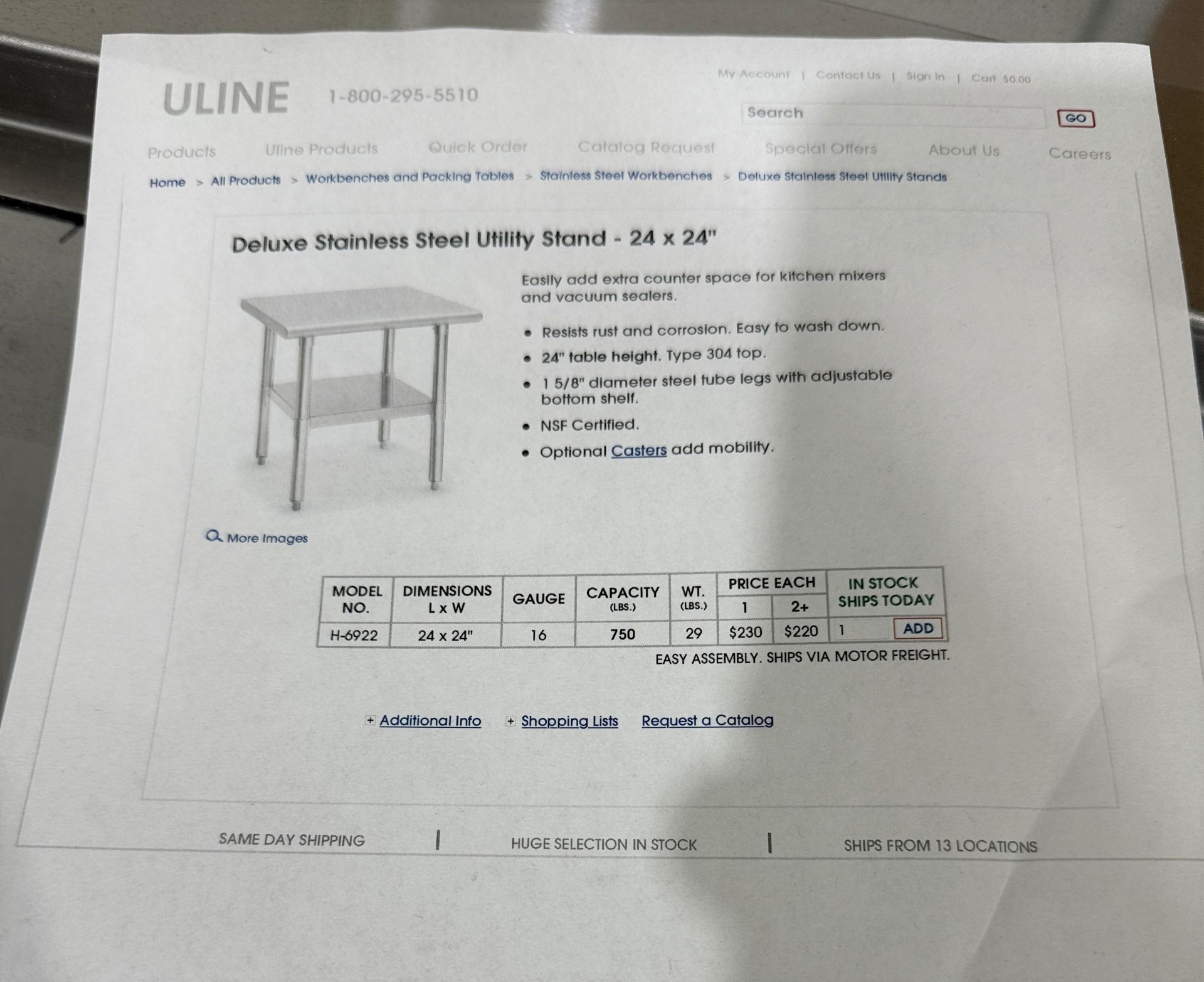 ULINE DELUXE STAINLESS STEEL UTILITY STAND, MODEL H-6922, 24" X 24", UNASSEMBLED - Image 2 of 2