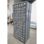 84-DRAWER PARTS CABINET, 3' X 12" X 85", W/ CONTENTS OF ASSORTED HARDWARE: O-RINGS, RUBBER MOTOR