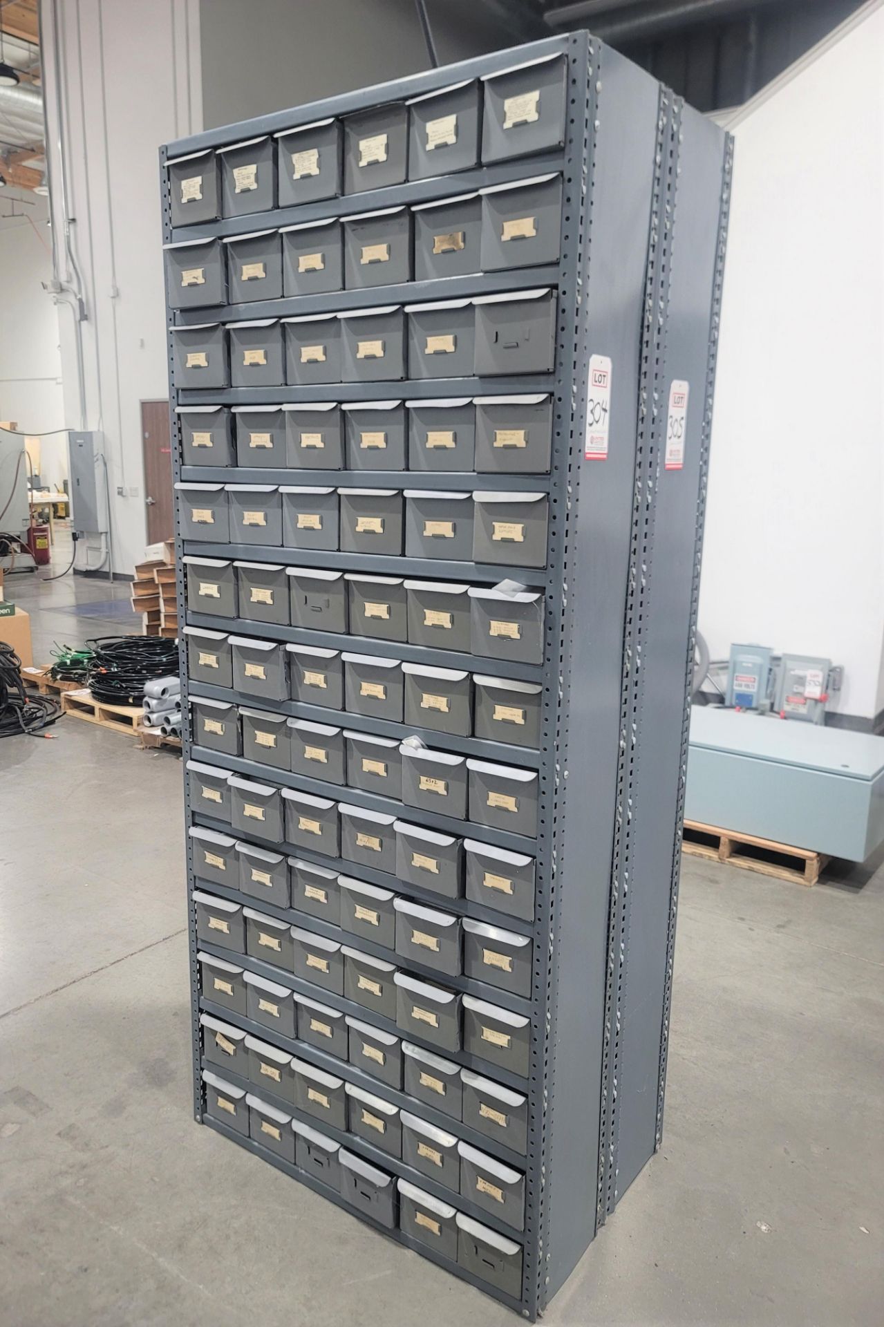 84-DRAWER PARTS CABINET, 3' X 12" X 85", W/ CONTENTS OF ASSORTED HARDWARE: O-RINGS, RUBBER MOTOR