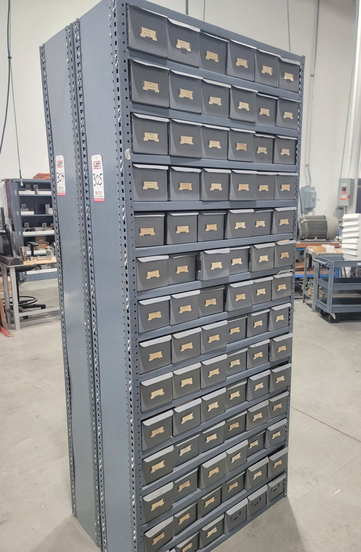 84-DRAWER PARTS CABINET, 3' X 12" X 85", W/ CONTENTS OF SCREWS, NUTS, ETC.