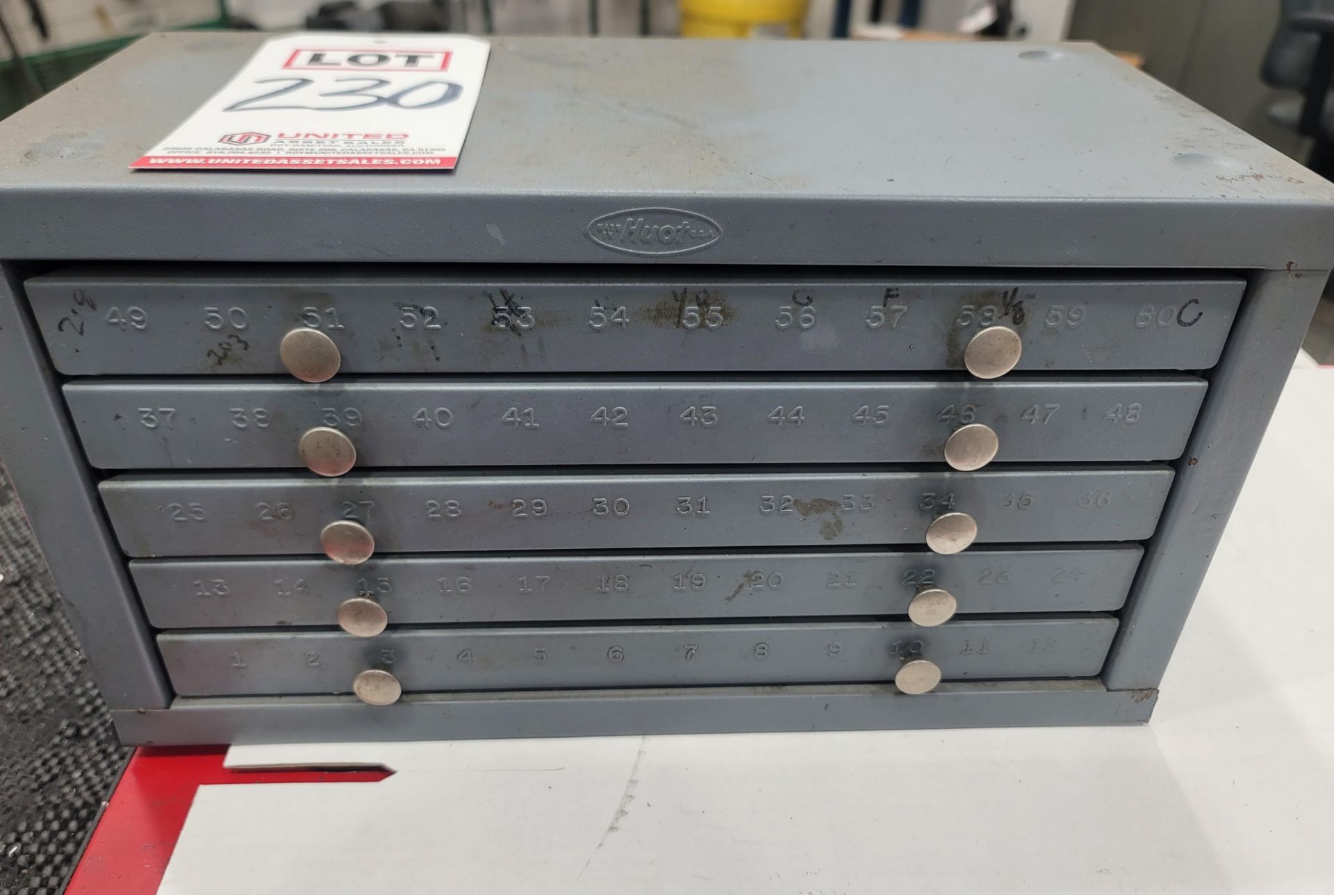 HUOT 5-DRAWER DRILL INDEX, W/ CONTENTS OF DRILLS