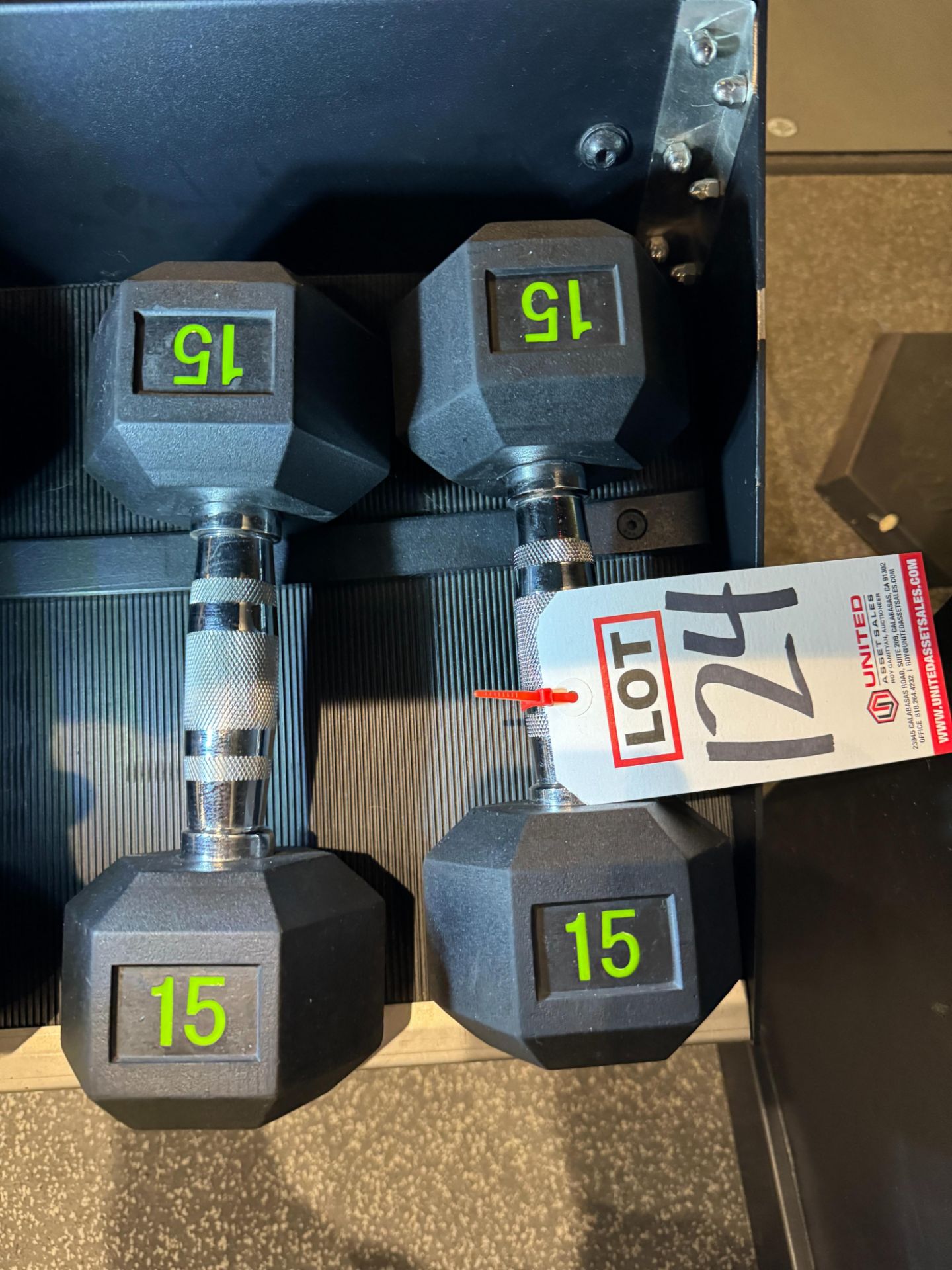 LOT - (2) 15 LB DUMBBELLS, (NOTE: SOLD SUBJECT TO BULK BID FOR ENTIRE FACILITY - SEE LOT 382)