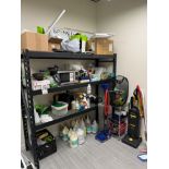 LOT - CONTENTS ONLY OF SHELF UNIT (MICROWAVE NOT INCLUDED), AND (2) VACUUMS, (NOTE: SOLD SUBJECT