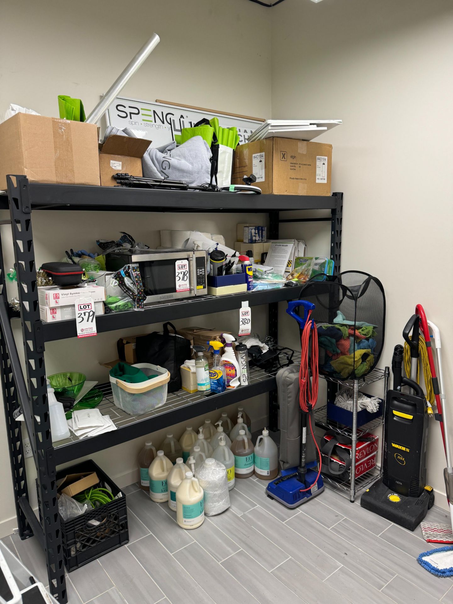 LOT - CONTENTS ONLY OF SHELF UNIT (MICROWAVE NOT INCLUDED), AND (2) VACUUMS, (NOTE: SOLD SUBJECT