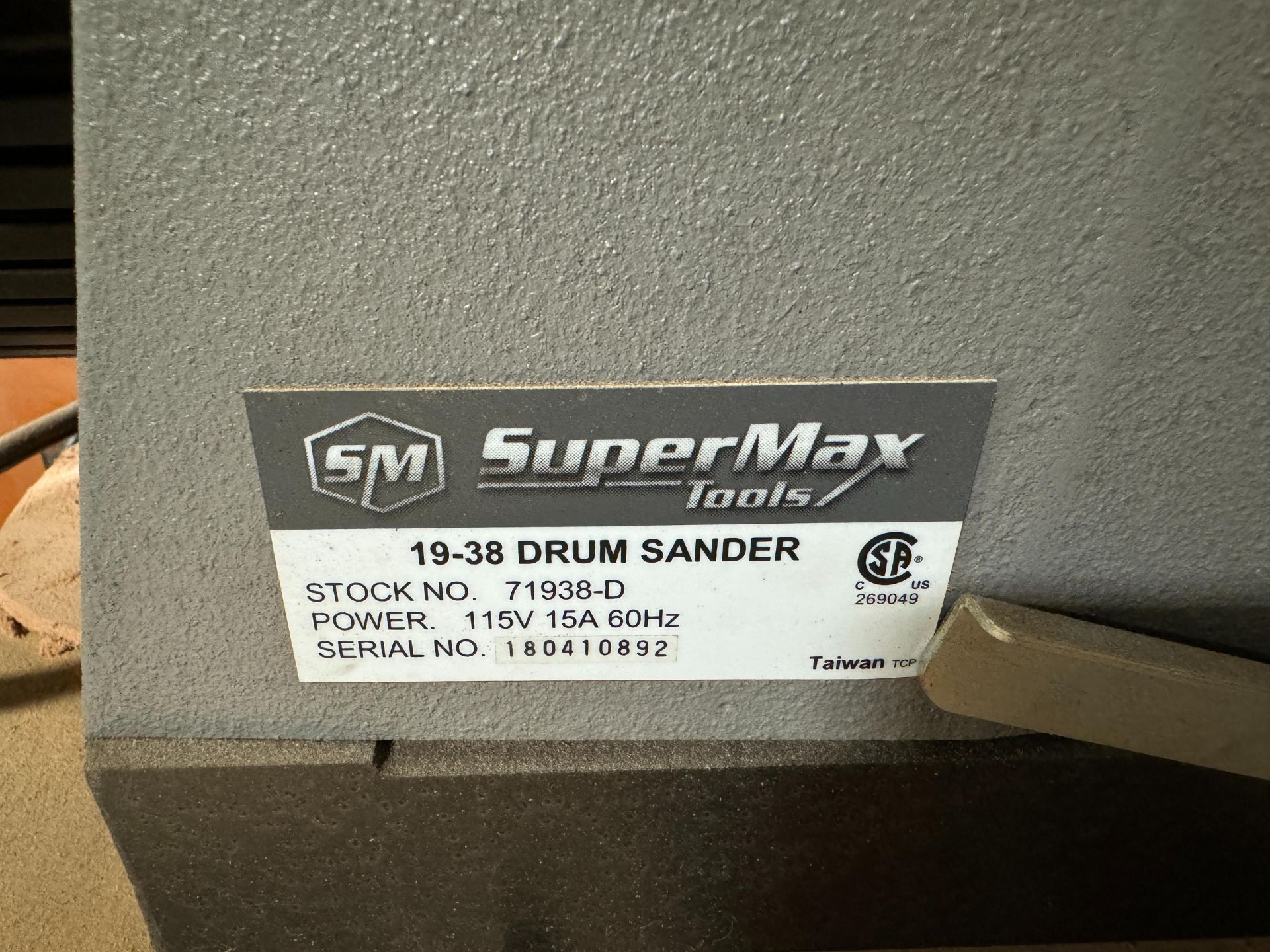 SUPERMAX 19-38 DRUM SANDER, 1-3/4 HP, 115V, S/N 180410892 - Image 8 of 9