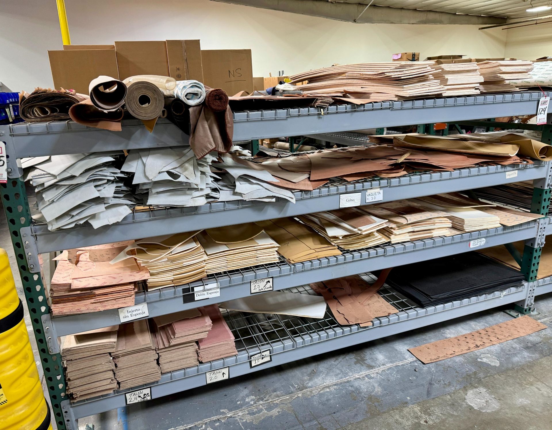 LOT - CONTENTS ONLY OF (3) SECTIONS OF PALLET RACKS, TO INCLUDE: VARIETY OF INSOLE AND OUTSOLE