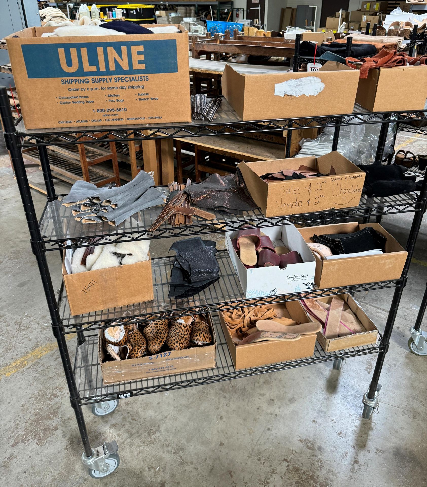 ULINE PORTABLE WIRE CART, ON CASTERS, W/ CONTENTS OF SHOE PARTS