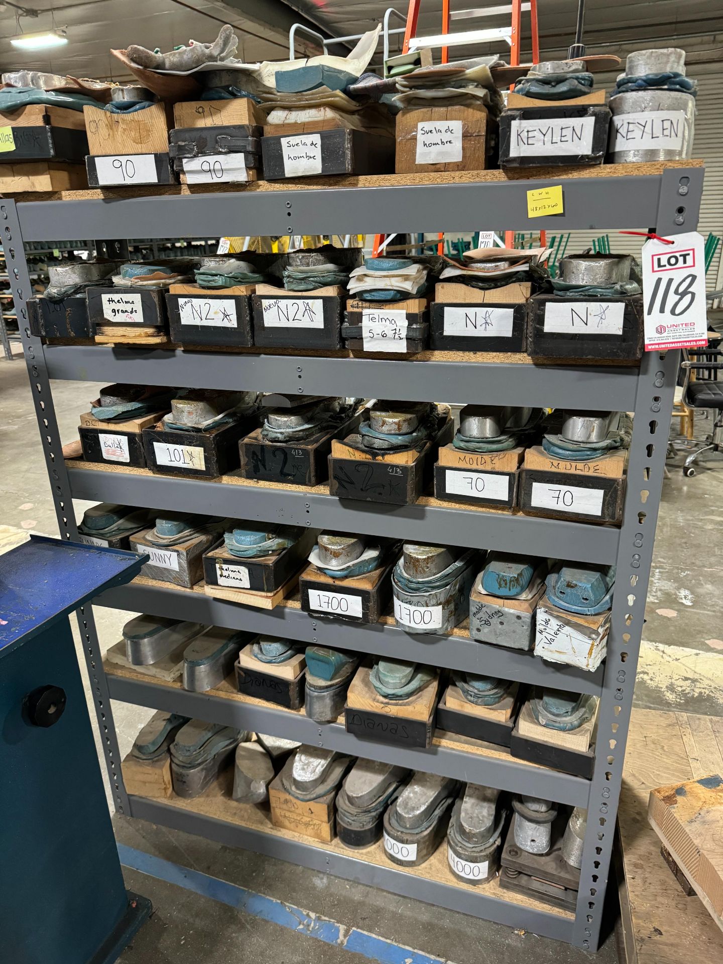 LOT - ULINE SHELVING UNIT, W/ CONTENTS OF OUTSOLE PRESS DIES