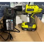 LOT - (1) RYOBI ELECTRIC DRILL W/ CHARGER AND EXTRA BATTERY, AND (1) 39-PIECE TOOL KIT