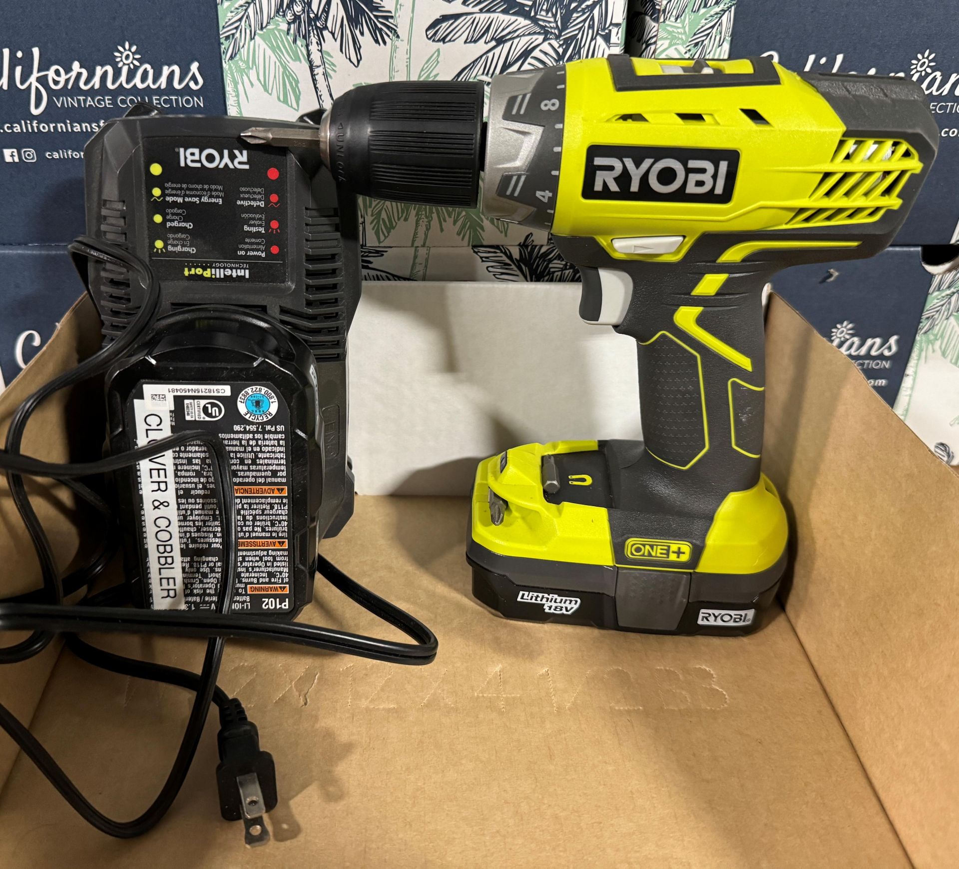 LOT - (1) RYOBI ELECTRIC DRILL W/ CHARGER AND EXTRA BATTERY, AND (1) 39-PIECE TOOL KIT