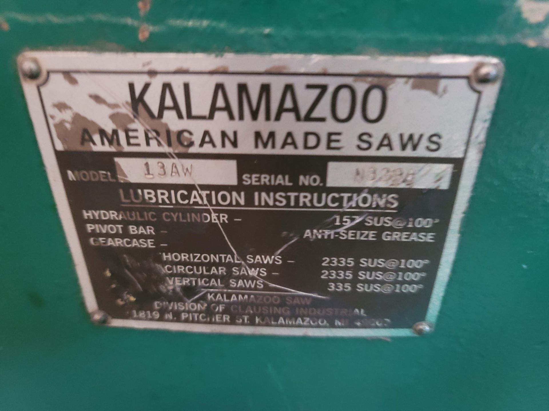 KALAMAZOO 13AW HORIZONTAL BAND SAW, S/N N3298, INFEED ROLLER CONVEYOR 10' X 18", OUTFEED ROLLER - Image 5 of 5
