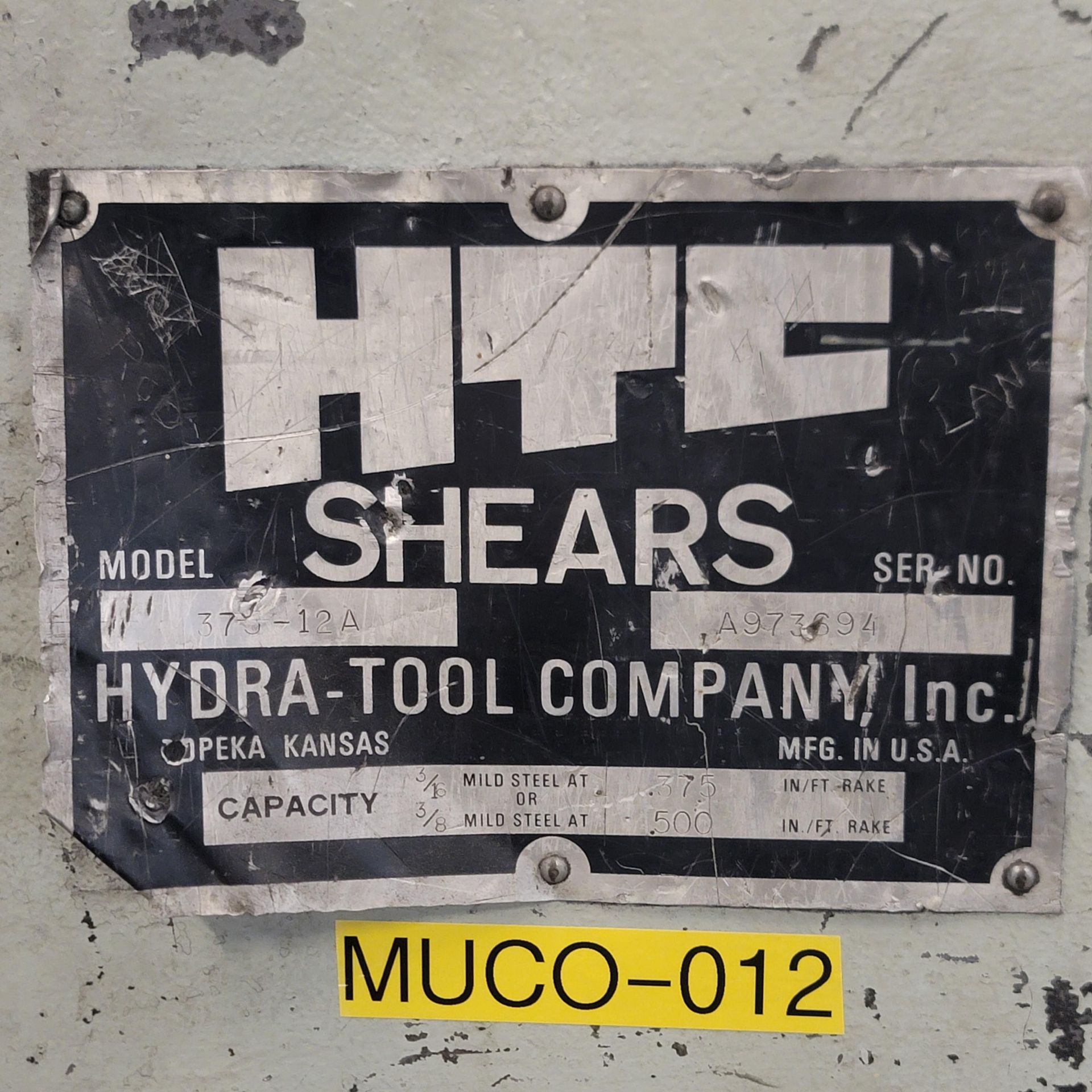 HTC 12' HYDRAULIC SHEAR, MODEL 375-12A, CAPACITY: 3/8" MILD STEEL, 8' SQUARING ARM, S/N A973694, - Image 10 of 12