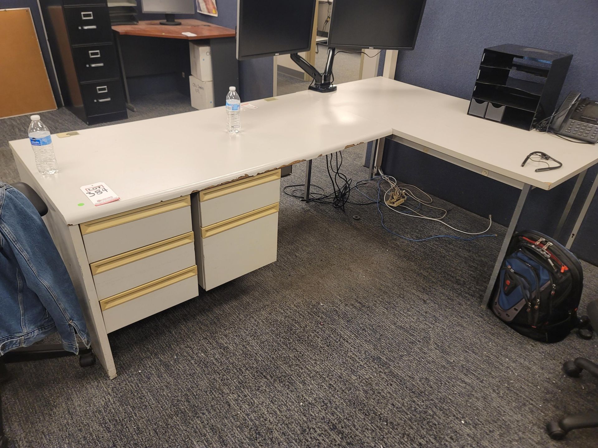 OFFICE DESK, L-SHAPED, 7'6" X 5', CONTENTS NOT INCLUDED