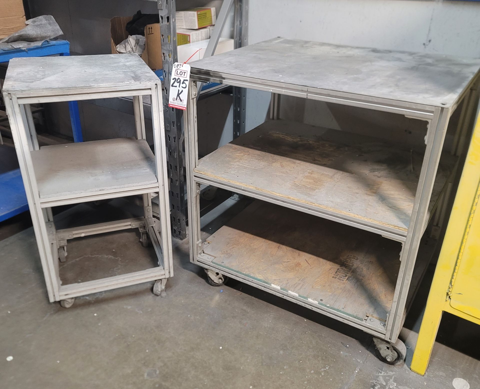 LOT - (2) ALUMINUM CARTS W/ WOOD SHELVES: (1) 3' X 30" X 40" HT AND (1) 20" X 20" X 38" HT