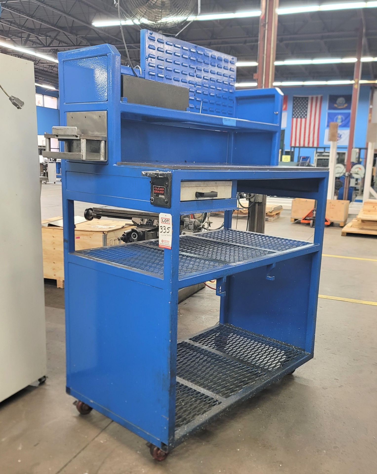 LARGE STEEL WORKSTATION, 5' X 34" X 90" TOTAL HT, W/ 18" MAXX AIR FAN, CLAMP CHAMP CNC TOOL HOLDER